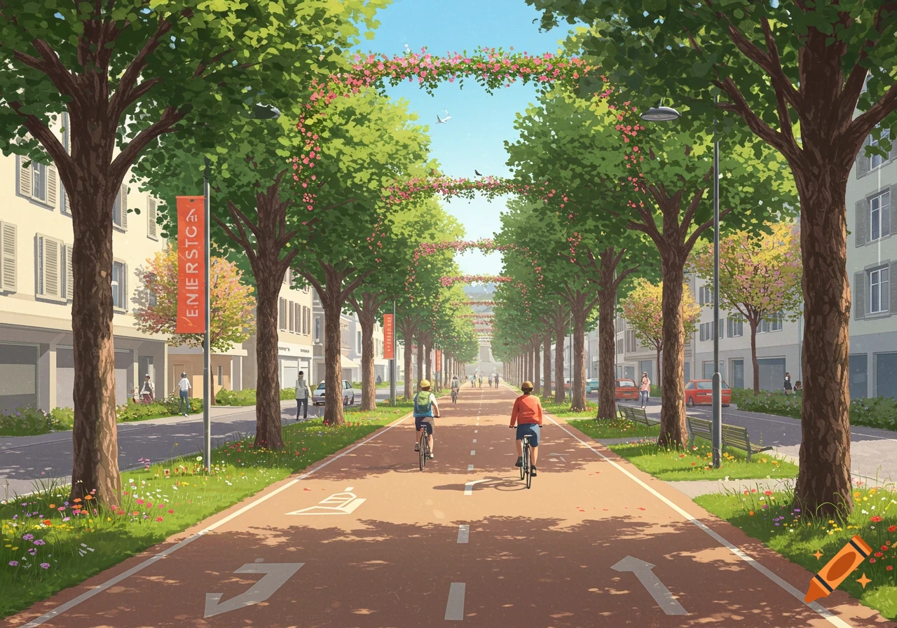 An illustrative view down a tree-lined street with a wide cycling path where two people ride bikes. Banners hang from streetlights, and buildings line the sides.