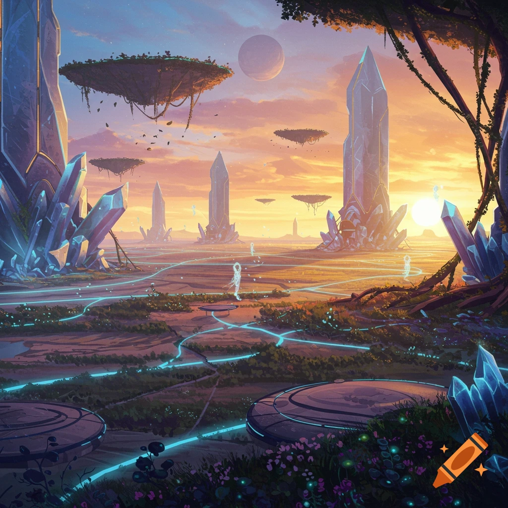 Vibrant fantasy alien landscape at sunset with towering crystal formations, floating islands, and glowing energy paths.