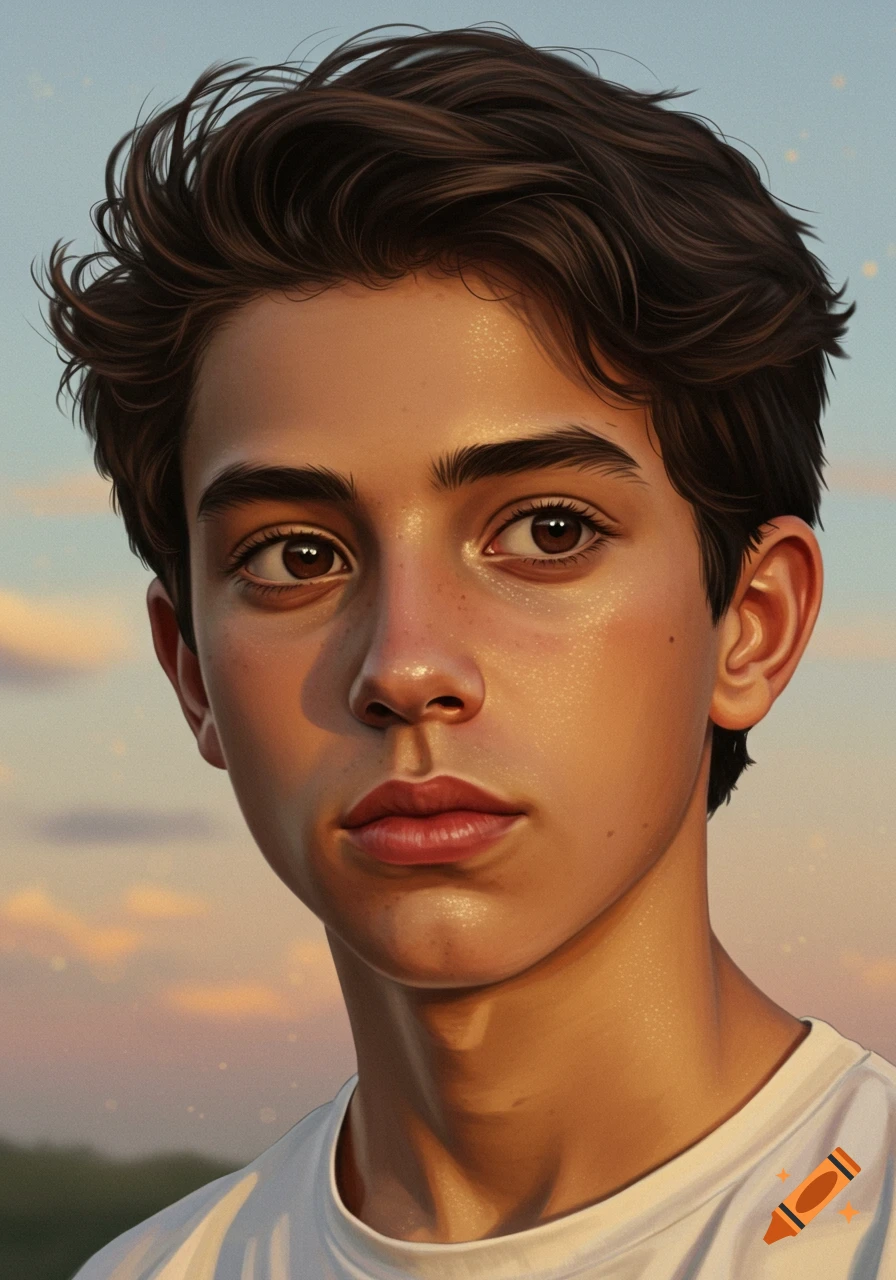 Close-up digital painting of a young man with dark brown messy hair and brown eyes, against a soft, warm sky background.