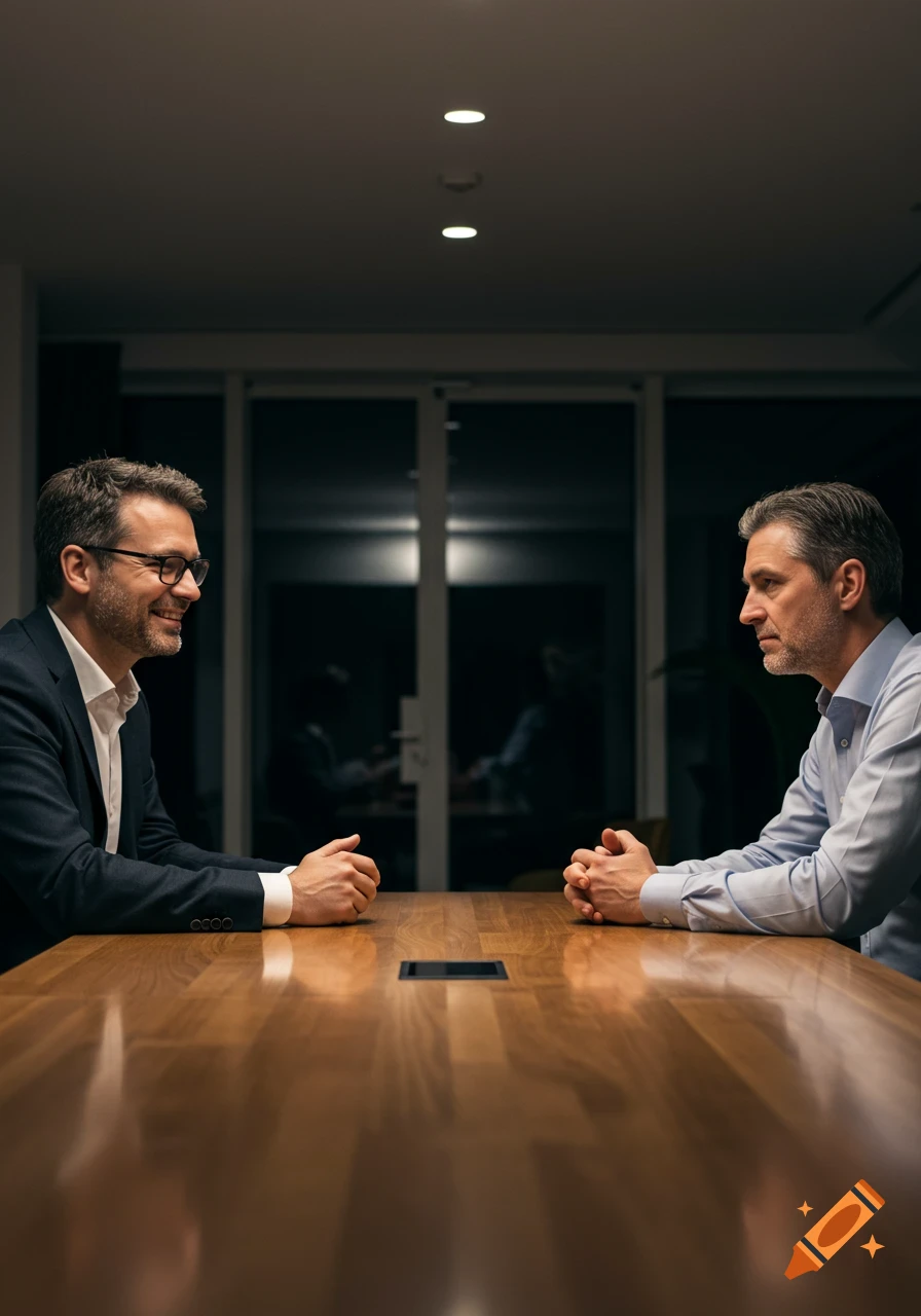 Two men, one smiling and one stern, sit across a wooden table in a dimly lit office. Photorealistic.