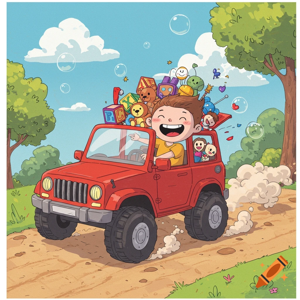 Cartoon of a happy boy driving a red jeep with toys spilling out, two kids in the back, on a dirt road with trees.