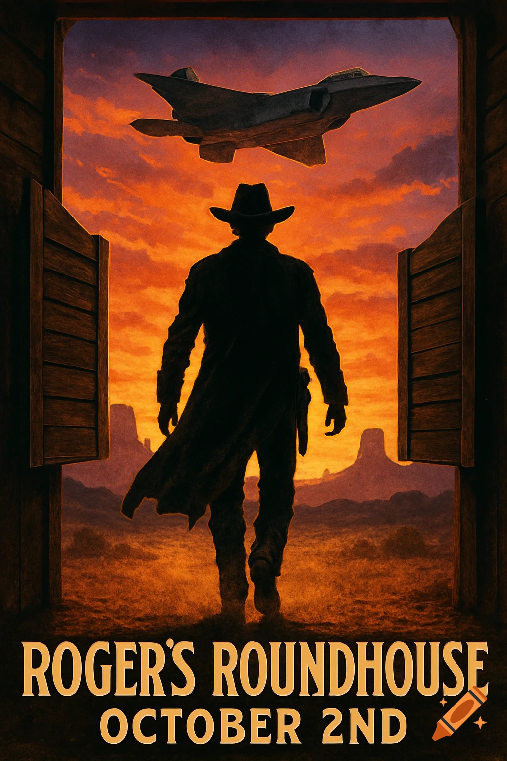 A stylized poster showing a cowboy silhouette walking out of a saloon into a vibrant orange sunset, with an F-22 fighter jet flying overhead. Text at the bottom reads "Roger's Roundhouse October 2nd".