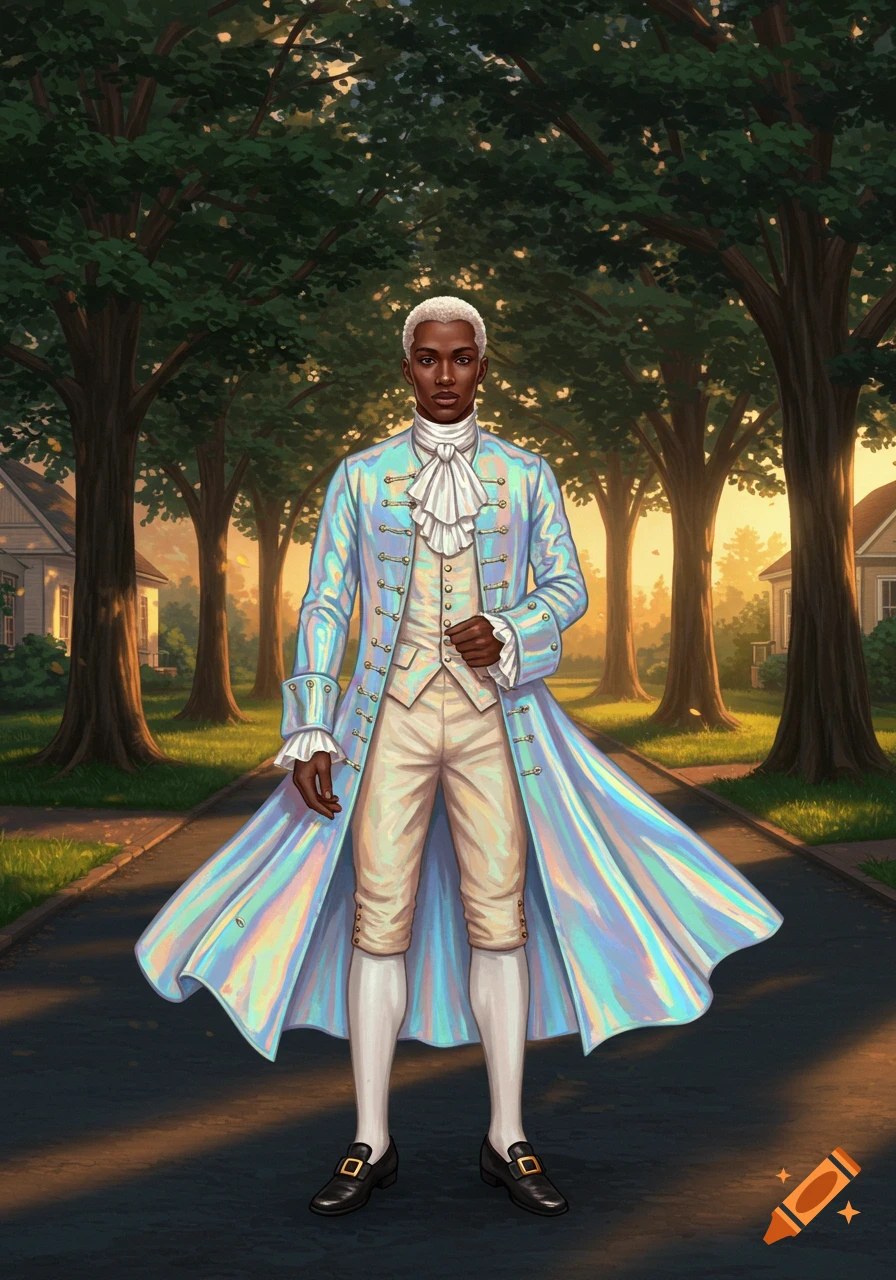 A dark-skinned man with platinum blonde hair wears an iridescent Georgian-era coat and white breeches on a tree-lined suburban street at sunset.