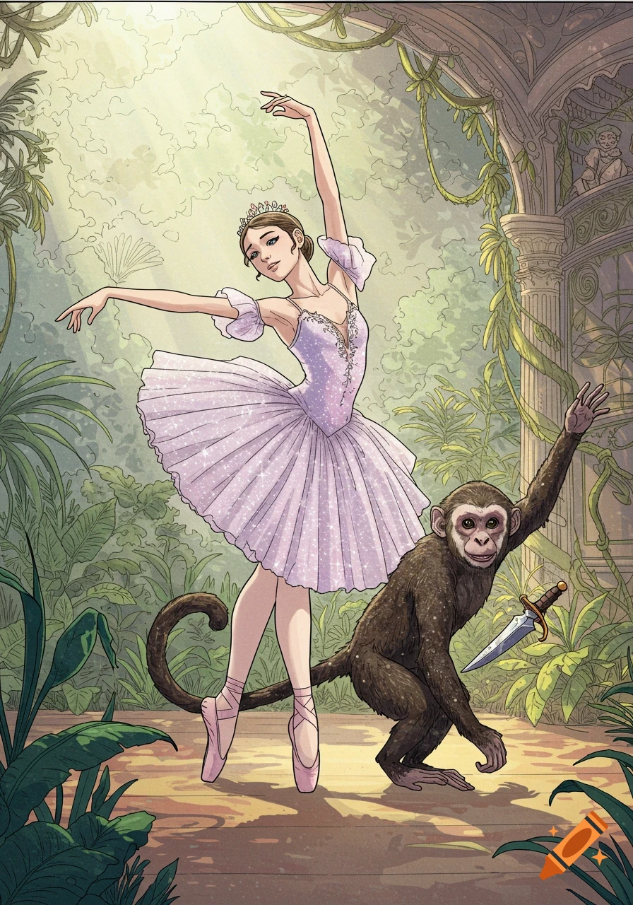 A ballerina in a sparkling pink tutu dances while a capuchin monkey crouches beside her, holding a dagger, in jungle ruins. Comic book style.