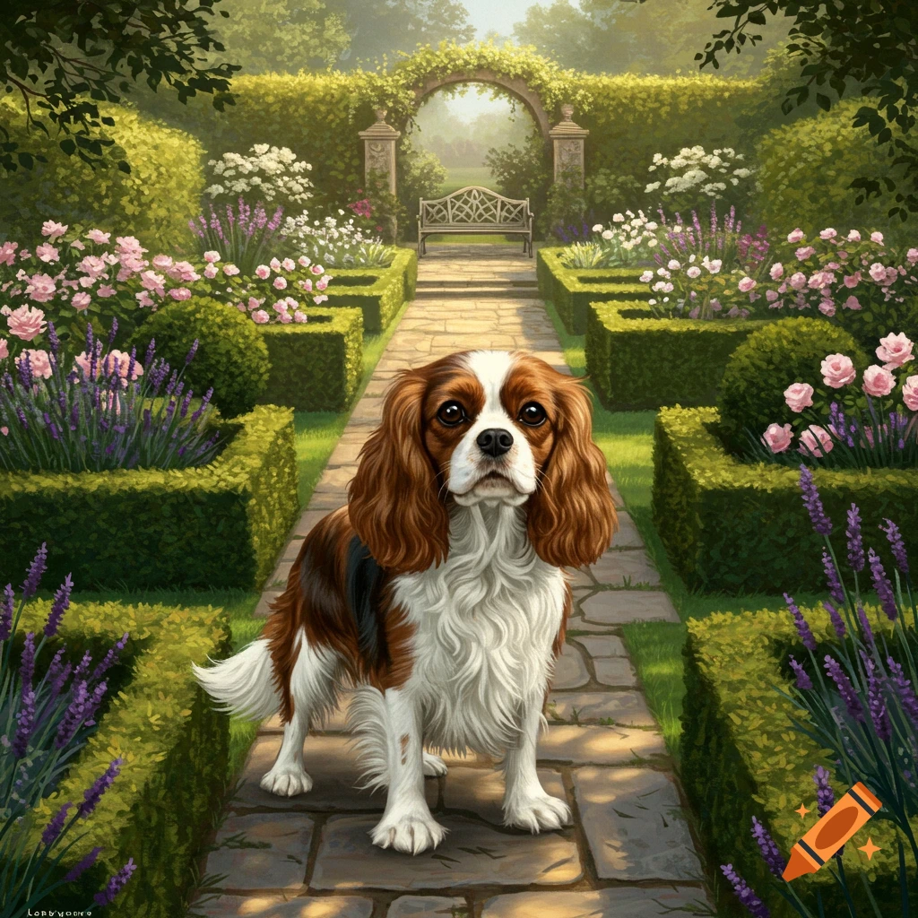 A cute King Charles Spaniel dog with brown and white fur stands on a stone path in a beautiful, ornate garden filled with pink roses and lavender.