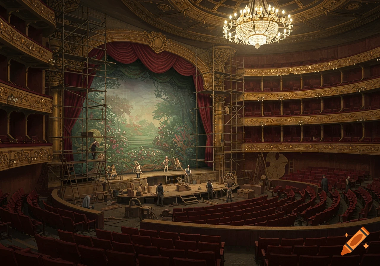 A detailed drawing of an ornate opera house interior with workers constructing stage sets and scaffolding.