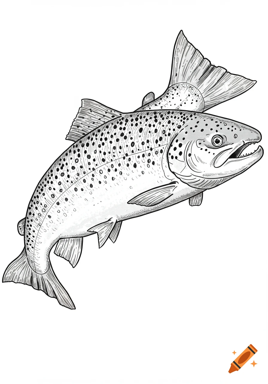 A black and white outline drawing of an Atlantic salmon with dark spots, facing right.