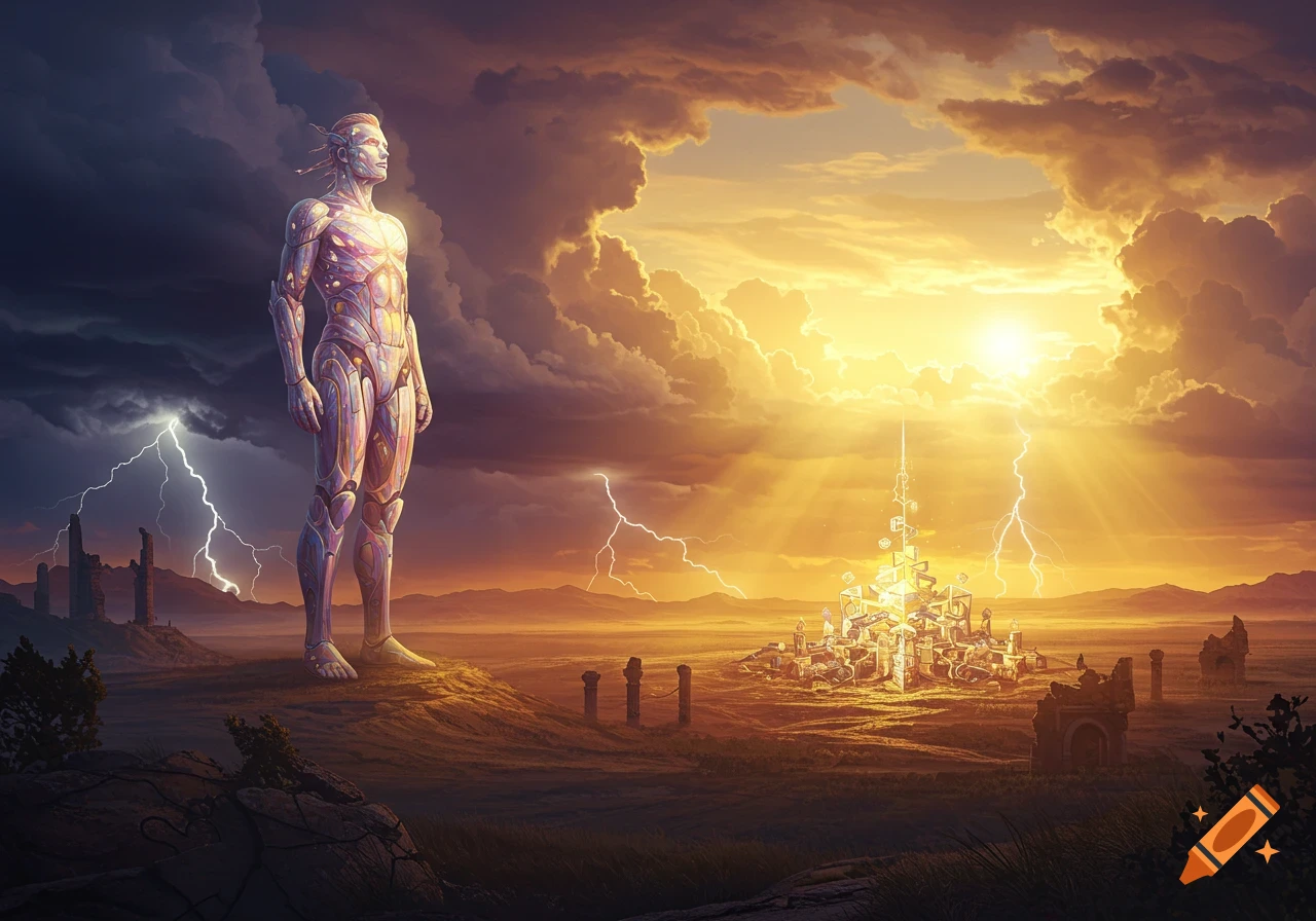 A robotic figure overlooks a glowing futuristic city under a dramatic sky with lightning and a golden sunset.