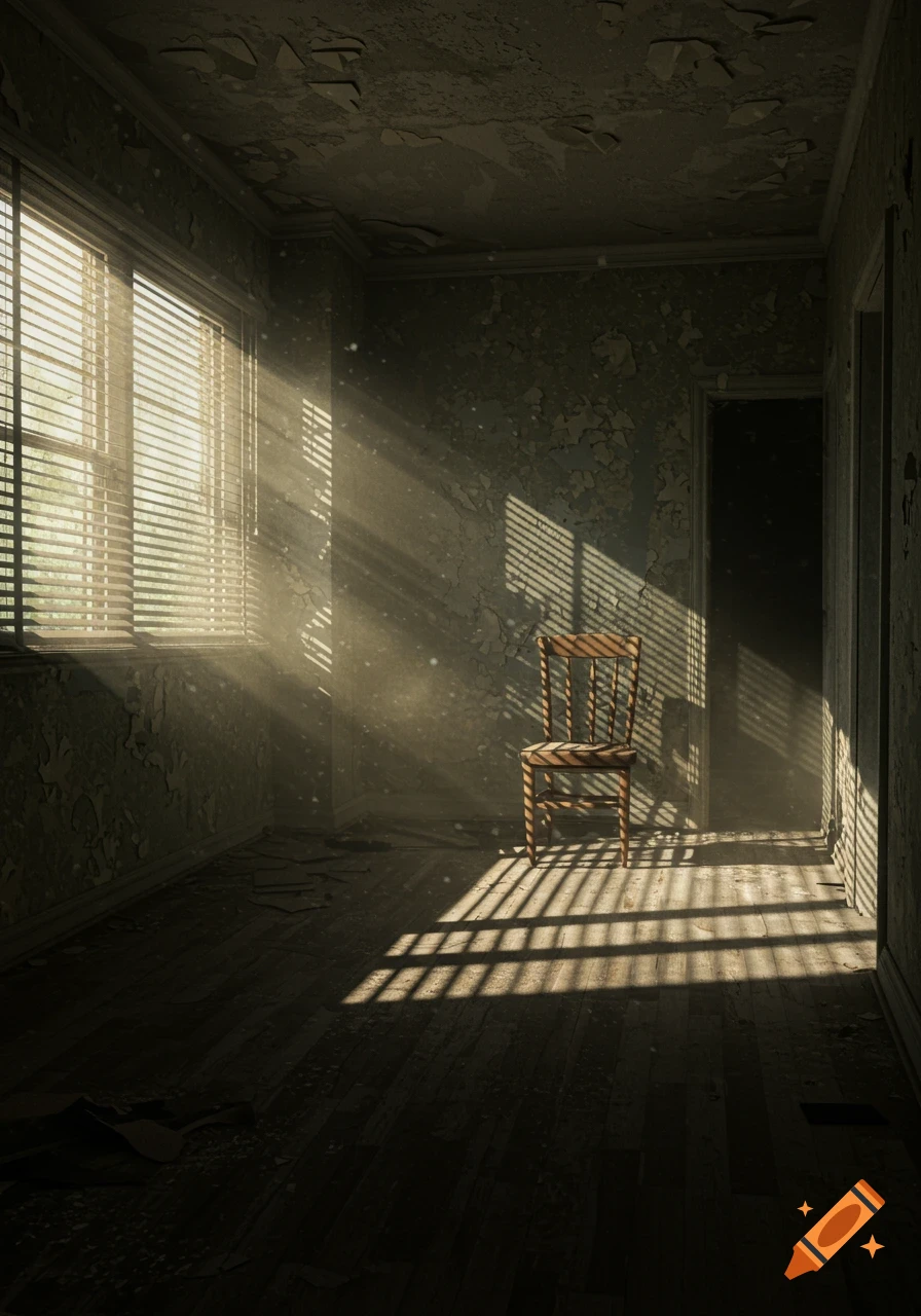Dusty, sunlit abandoned room with peeling walls and a solitary wooden chair casting long shadows.