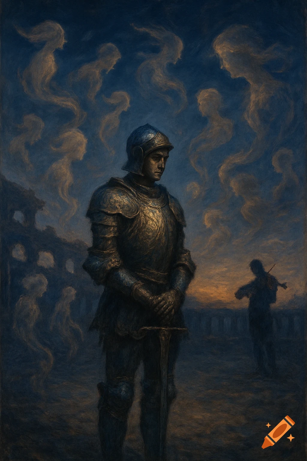 A dark, painterly image of a somber knight in ornate armor holding a sword, with ethereal figures and a distant musician.