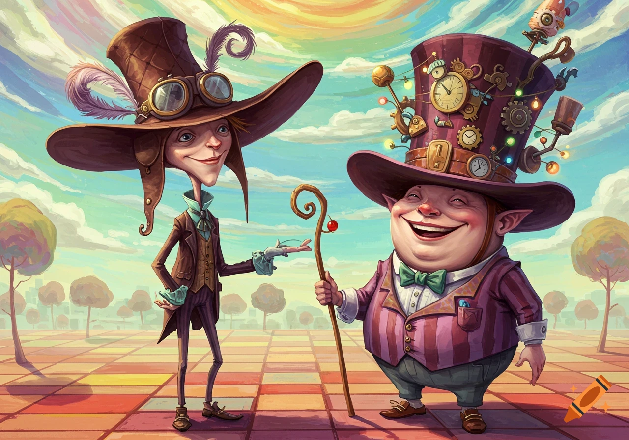 Two whimsical characters, one thin and one stout, wearing elaborate steampunk-style hats and smiling, stand on a colorful tiled ground.