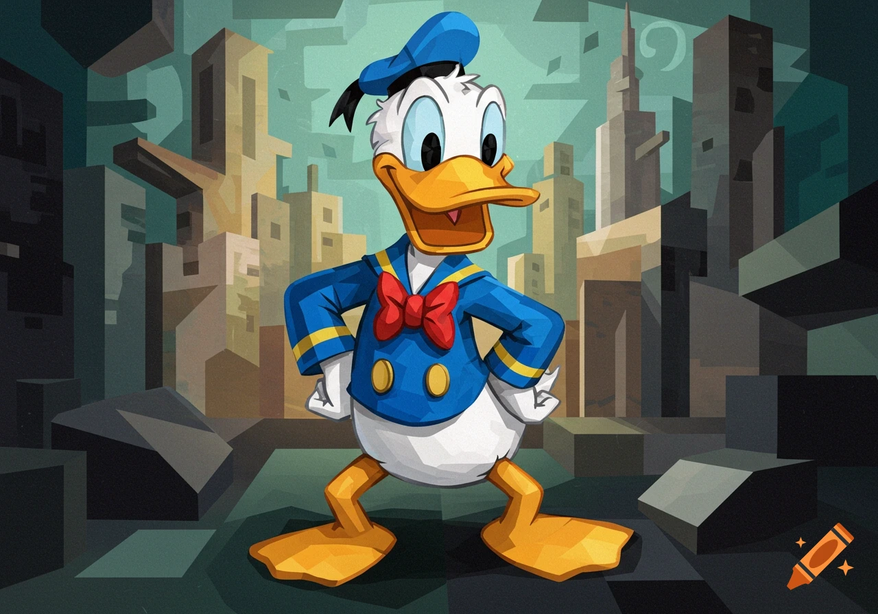 Cubist Donald Duck stands confidently in an angular city.