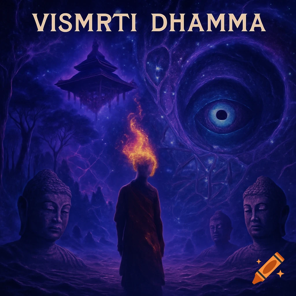 Mystical cosmic scene with Buddha statues, a monk with a fiery head, a floating temple, and a cosmic eye in a purple, starry void.