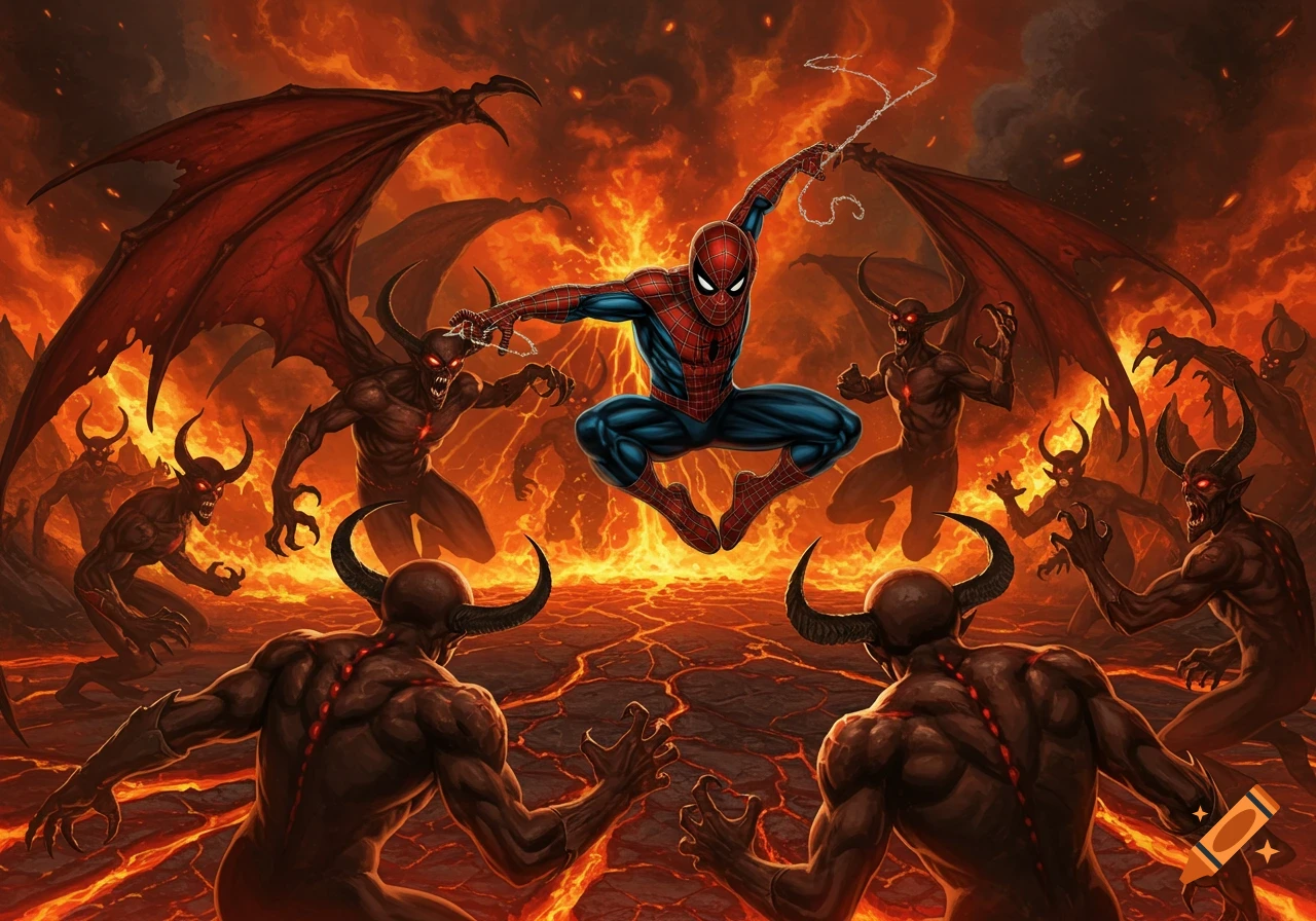 Spider-Man leaps over a fiery landscape, confronting a horde of red-eyed demons with horns and wings, in a comic book art style.