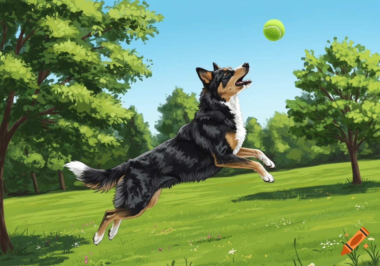 An illustrated black, brown, and white Kelpie dog jumps in a grassy park, looking up to catch a tennis ball.