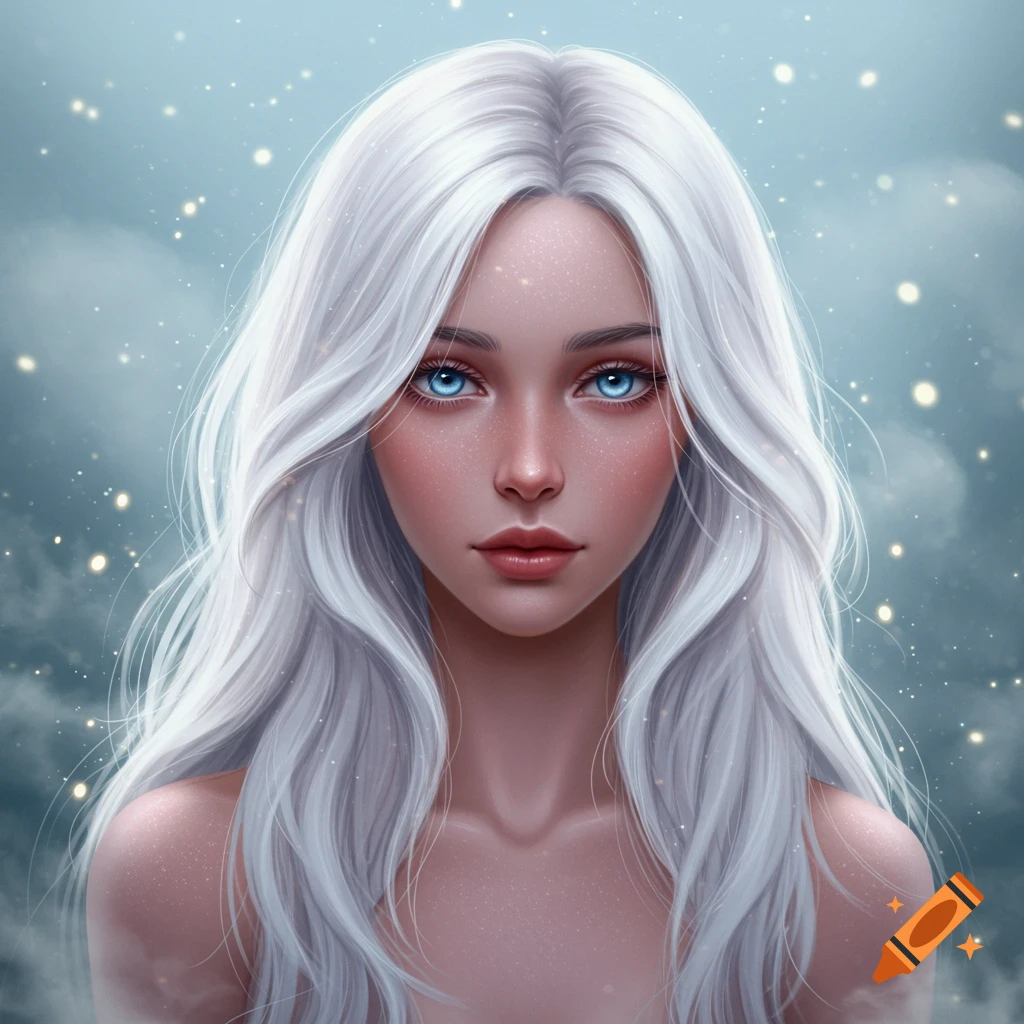 A fantasy portrait of a young woman with long, flowing white hair, striking blue eyes, and a glowing, ethereal background.