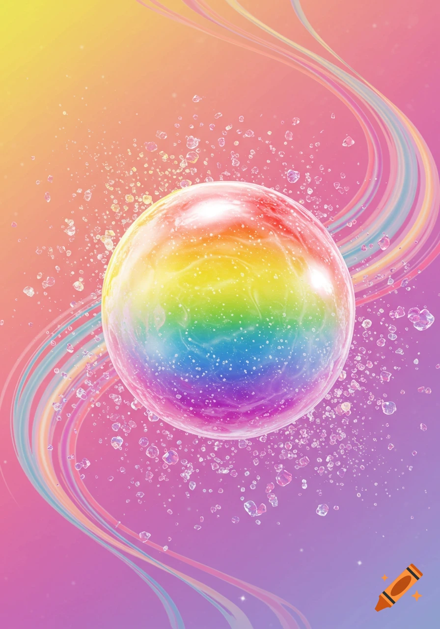 A vibrant rainbow-colored bubble with sparkling water droplets and flowing abstract lines on a pastel gradient background.