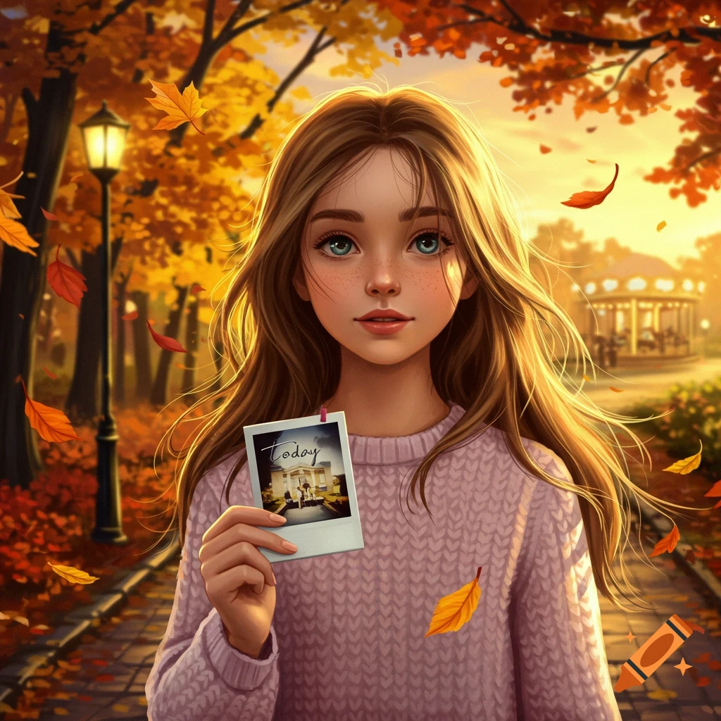 Stylized illustration of a girl with long hair and freckles holding a polaroid photo, standing in a vibrant autumn park at sunset.