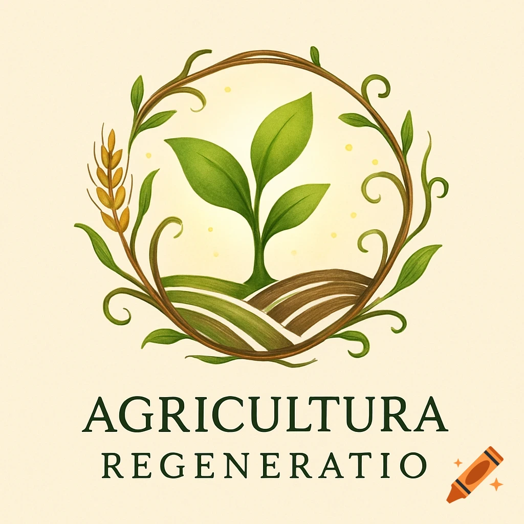 Circular logo with a green plant sprout, tilled fields, wheat, and vines, with the text 'AGRICULTURA REGENERATIO' below.