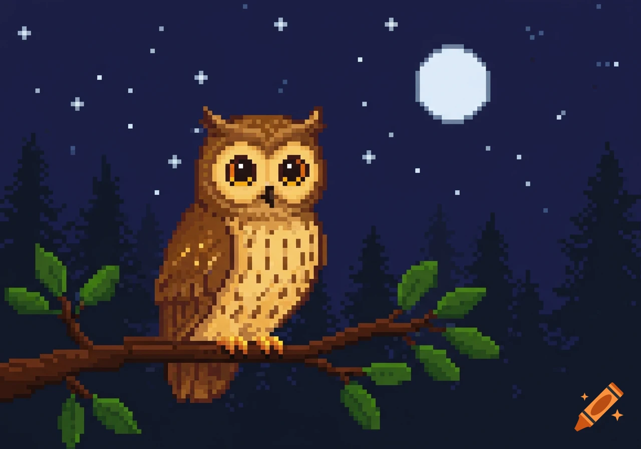 A pixel art owl perches on a tree branch at night under a full moon and starry sky with pine trees.