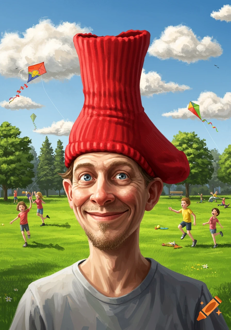 A cartoonish man with a red sock on his head smiles broadly in a sunny park where children fly kites.