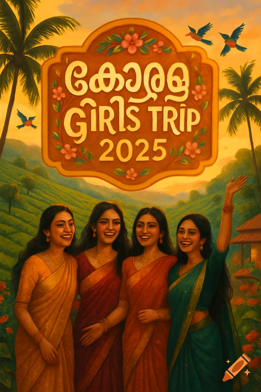 Four smiling women in colorful sarees stand in a vibrant, tropical landscape under a sign reading 'Kerala Girls Trip 2025'.