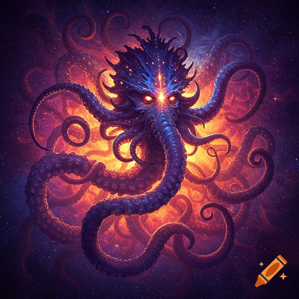 Cosmic horror entity Azathoth with numerous blue-purple tentacles and glowing red eyes, against fiery orange nebula and stars.