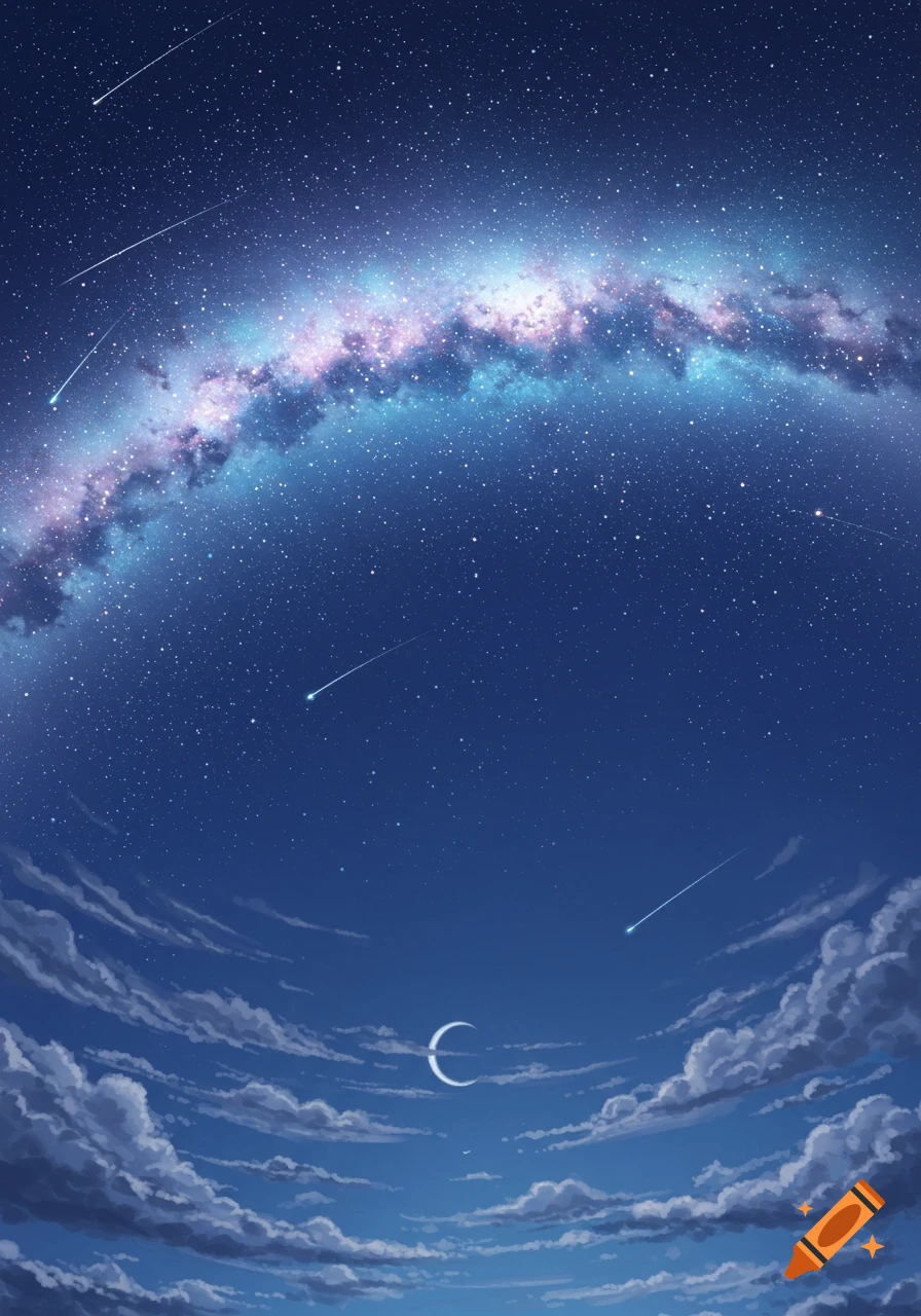 A vibrant night sky filled with countless stars, the Milky Way galaxy, a crescent moon, and fluffy clouds below in a stylized artwork.