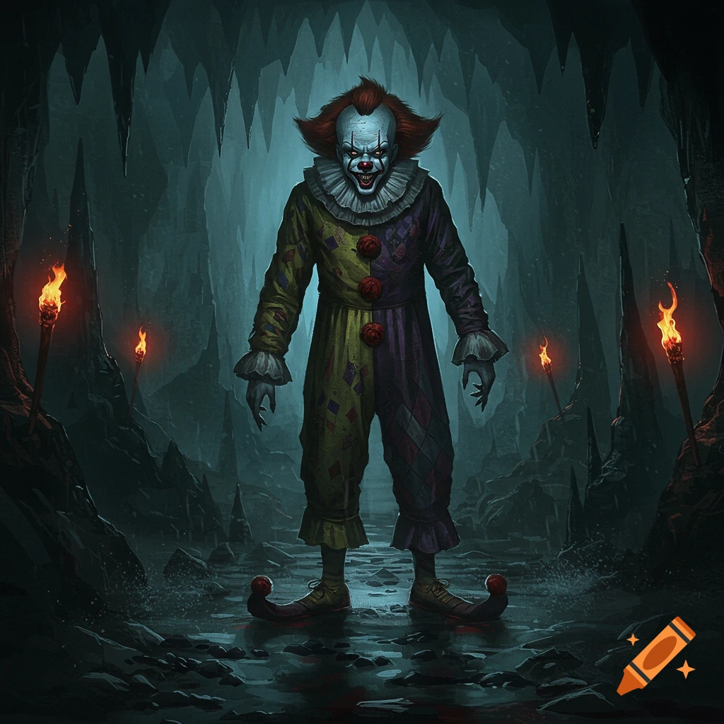 A terrifying clown with red hair and a ruffled collar stands in a dark, stalactite-filled cave with lit torches. Dark fantasy art.