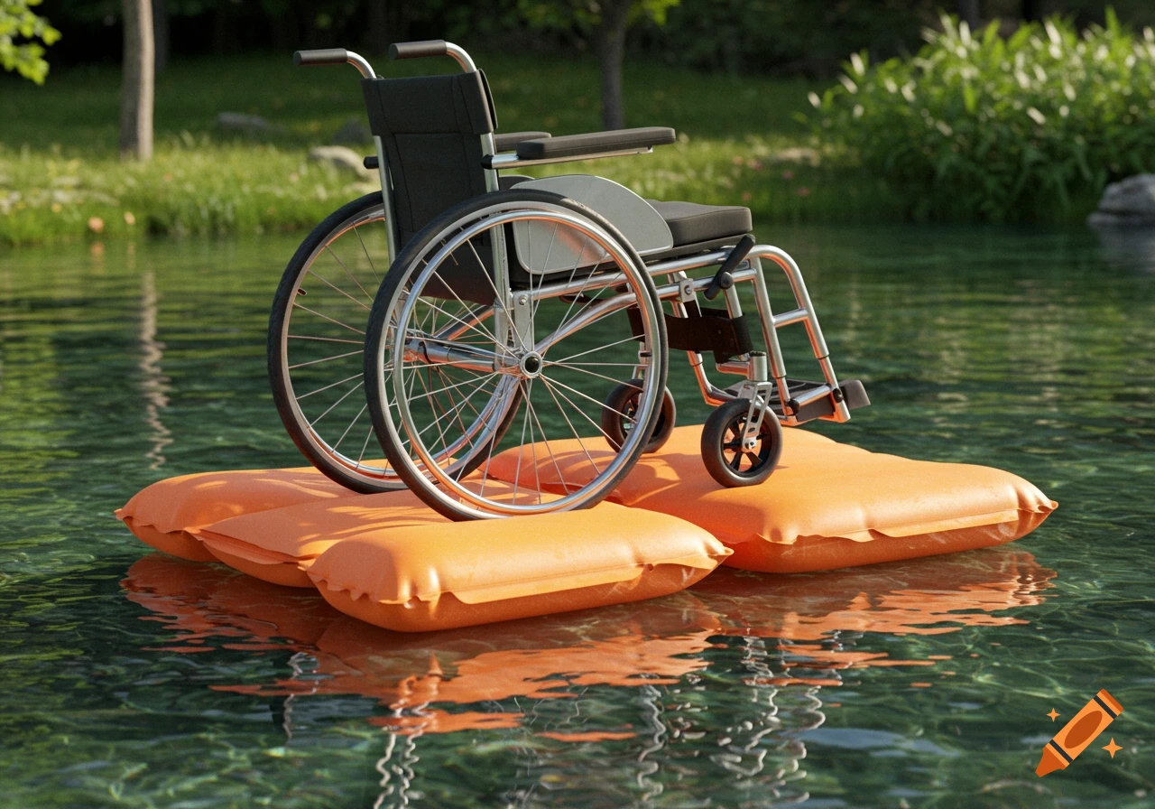 Photorealistic image of a wheelchair floating on three orange inflatable mats in clear water near a grassy bank.