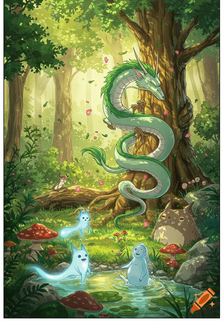 Haku the dragon, Totoro, and glowing forest spirits in a vibrant, mystical forest, in Hayao Miyazaki's style.