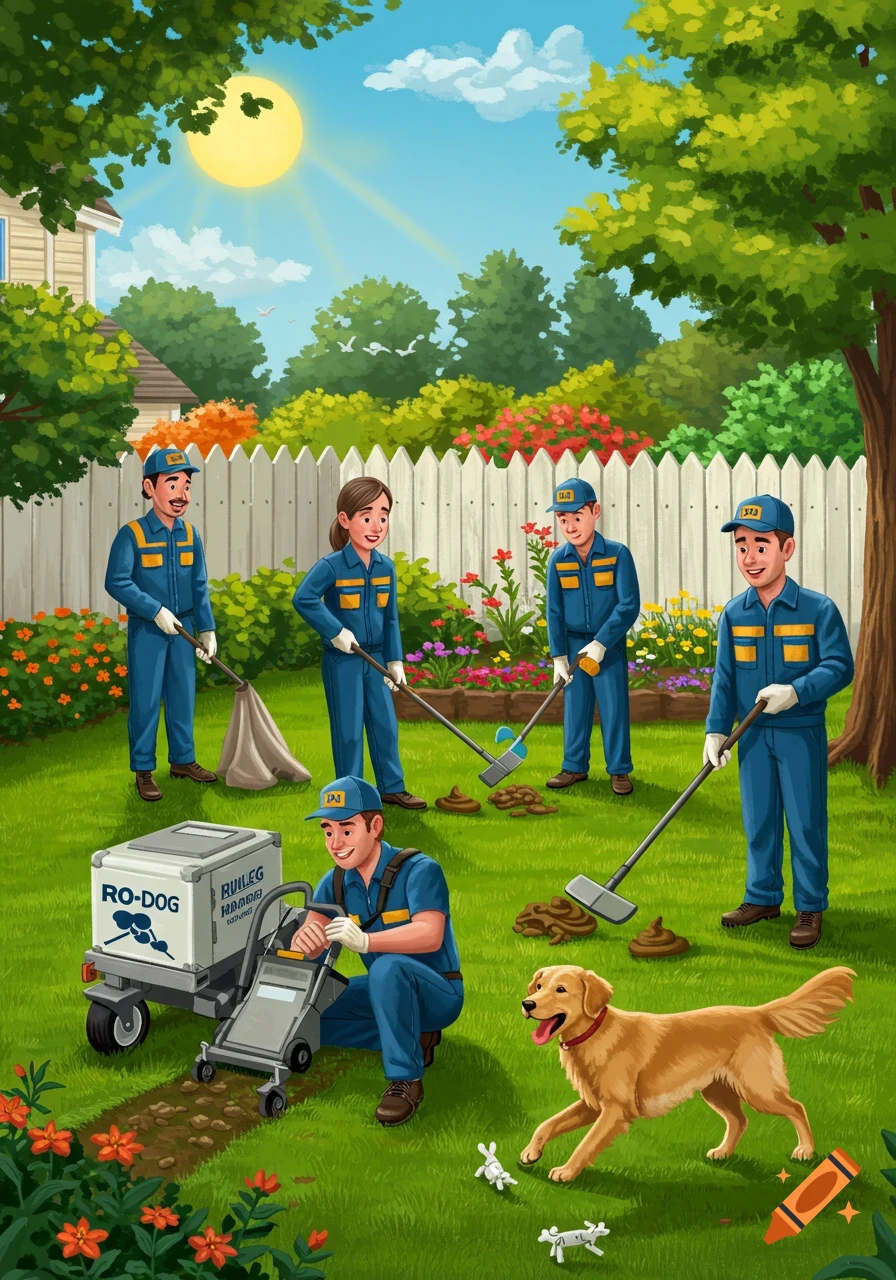 Cartoon illustration of a professional crew in blue uniforms picking up dog waste in a sunny green backyard with a golden retriever.