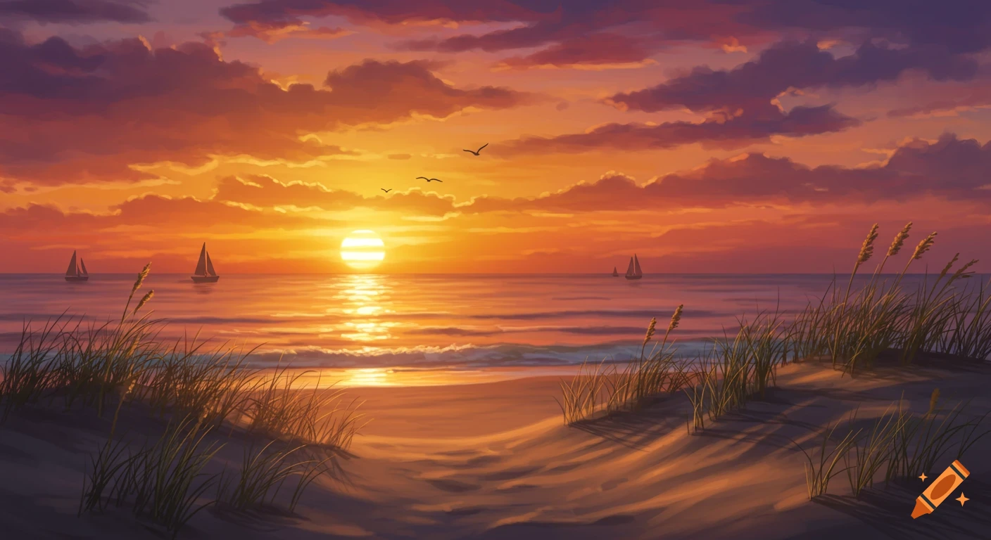 Vibrant digital painting of a beach sunset over the ocean with sailboats and sandy dunes with sea grass.