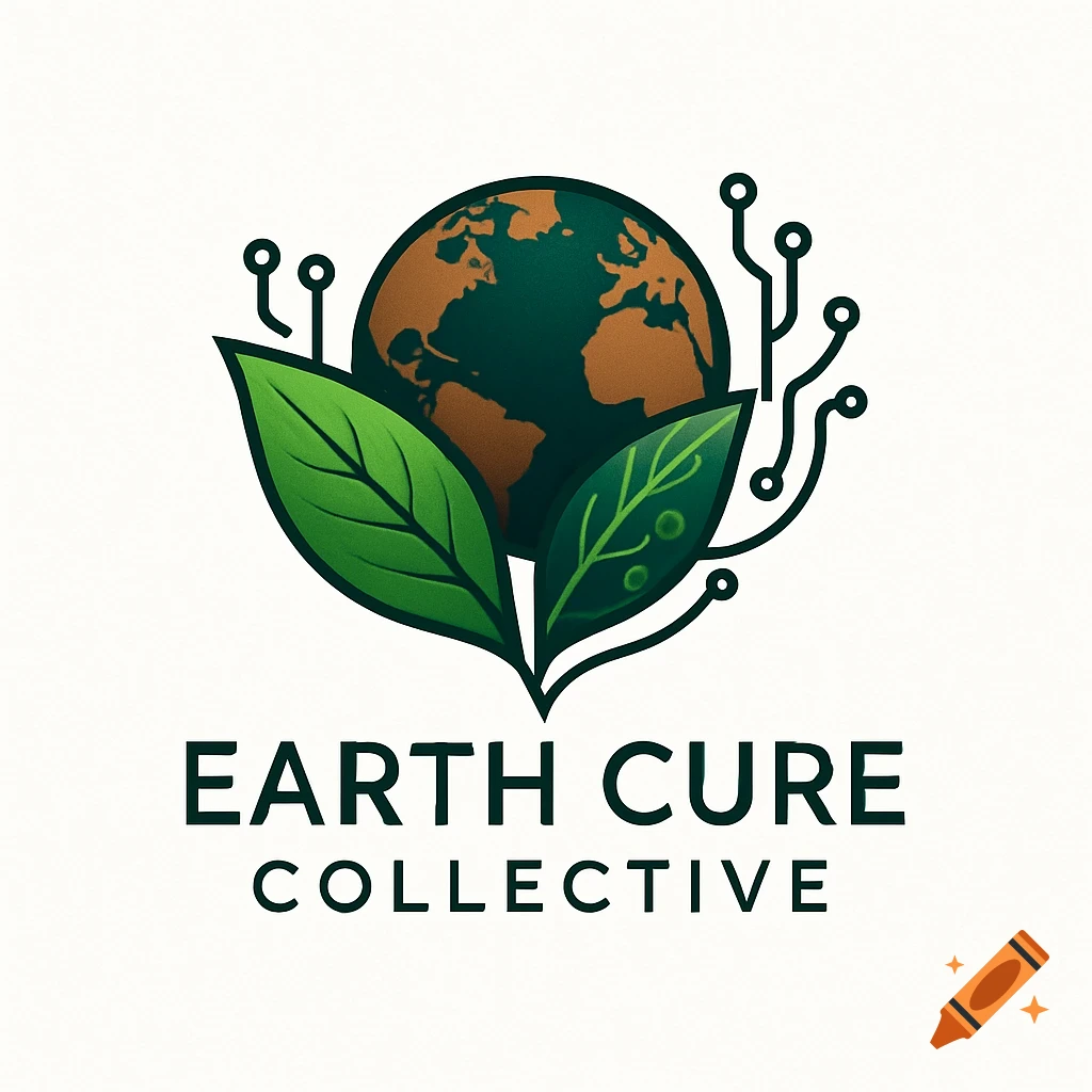 Logo for Earth Cure Collective featuring a globe, green leaves, and circuit board lines.