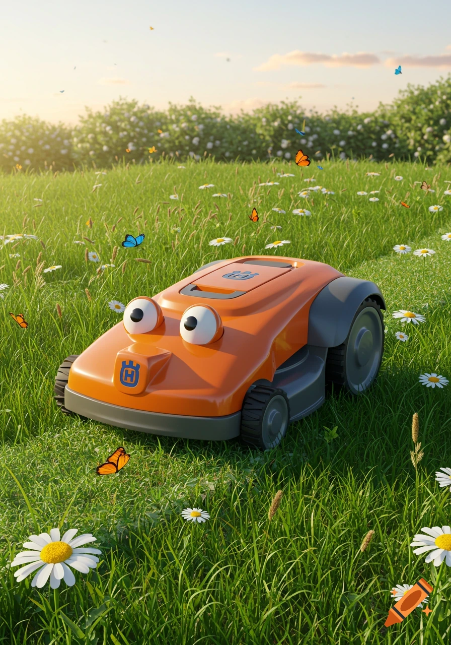 A cartoon orange robot lawnmower with googly eyes in a sunny grassy field with white daisies and colorful butterflies.
