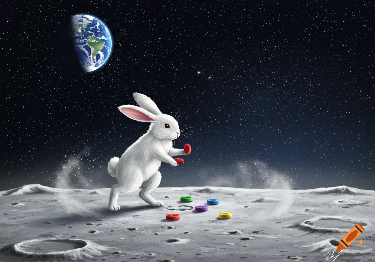 A white rabbit playing with colorful discs on the moon's surface, with Earth visible in the starry sky.