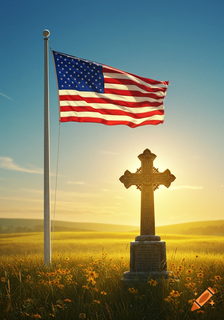 An American flag flies above a decorated stone cross in a field of yellow flowers during sunset.