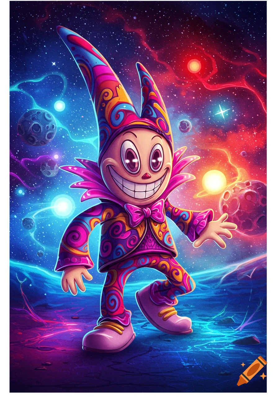A vibrant, cartoonish character resembling a jester or clown, with a huge grin and a patterned outfit, in a psychedelic space setting with planets and stars.