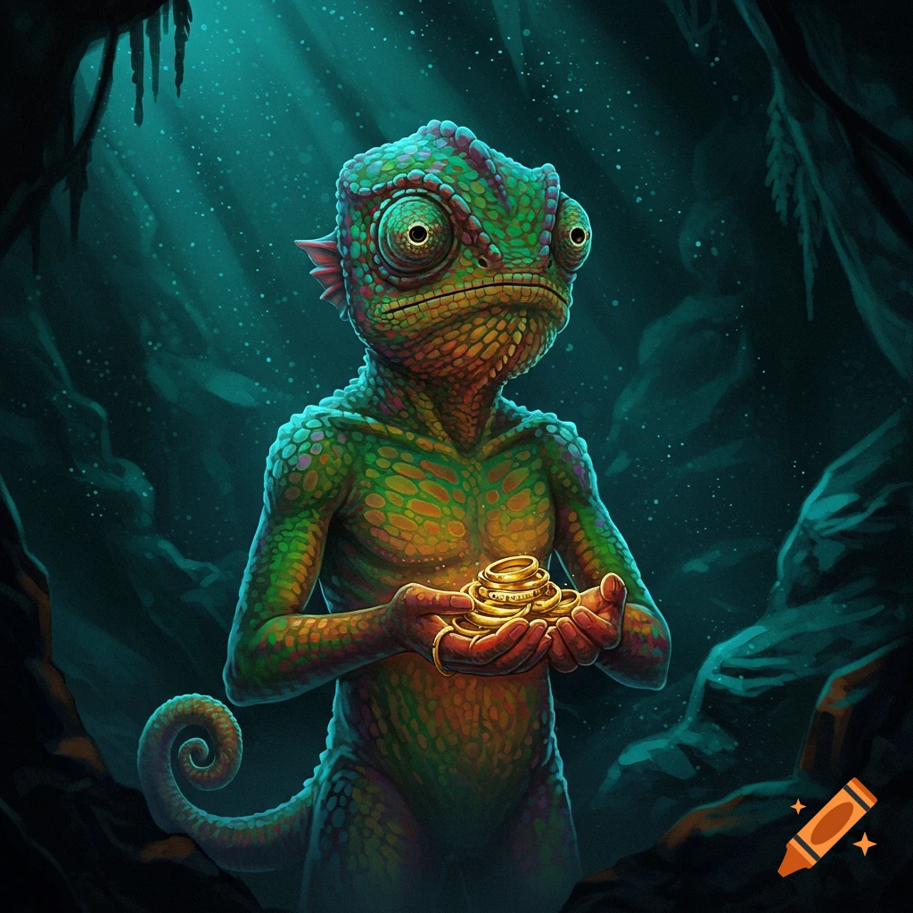 A green humanoid chameleon in a dark cave holds a stack of golden rings, looking at them. Fantasy art.