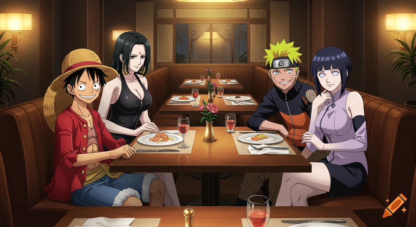 Luffy, Boa Hancock, Naruto, and Hinata, four anime characters, are seated at separate tables in a fancy restaurant with drinks and food.