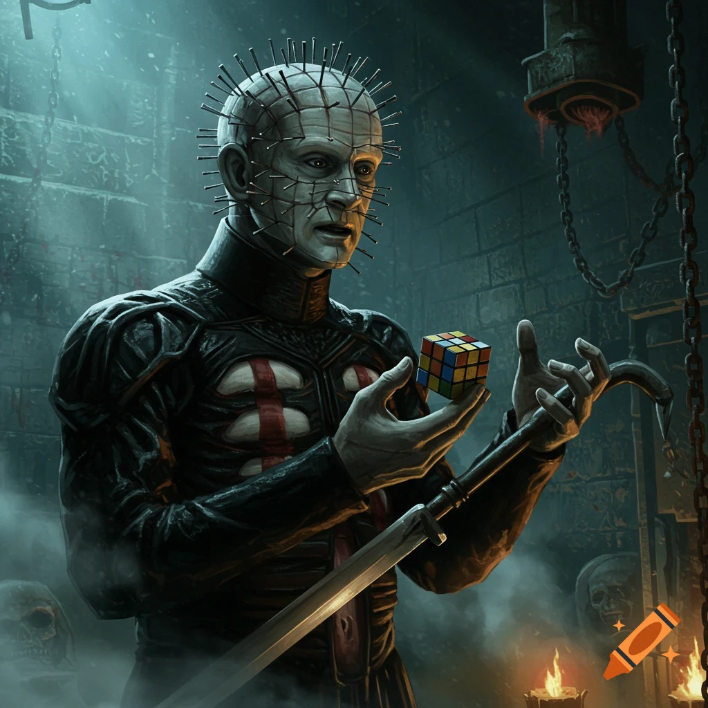 Pinhead from Hellraiser, with nails in his head, stands in a dark dungeon, holding a Rubik's Cube and a hooked staff. Dark fantasy art.