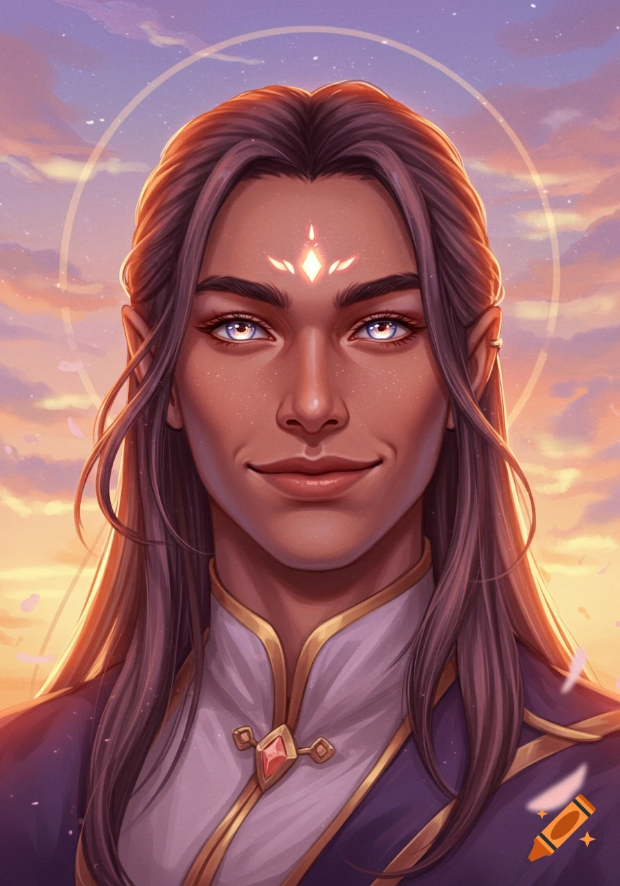 Digital painting of a mystical elf-like person with long hair, glowing eyes and forehead symbol, smiling against a dreamy sunset.