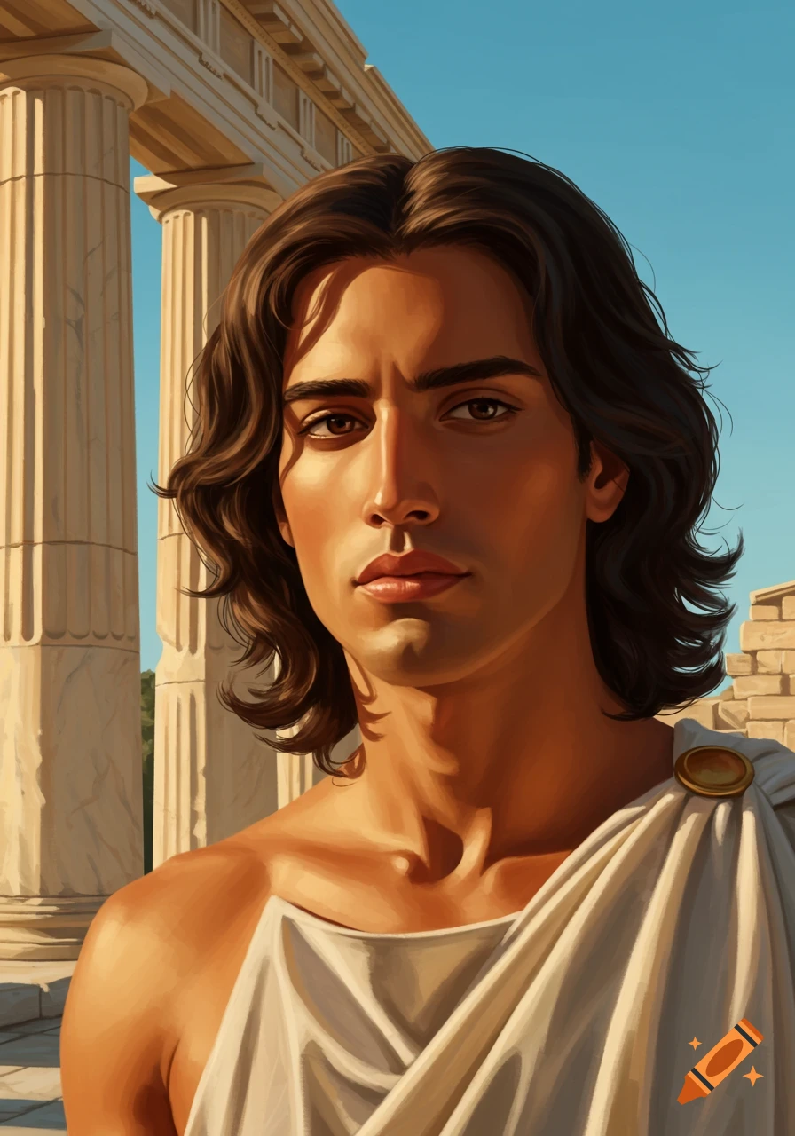 A photorealistic portrait of a young Greek man with dark wavy hair in a white toga, before classical columns under a blue sky.