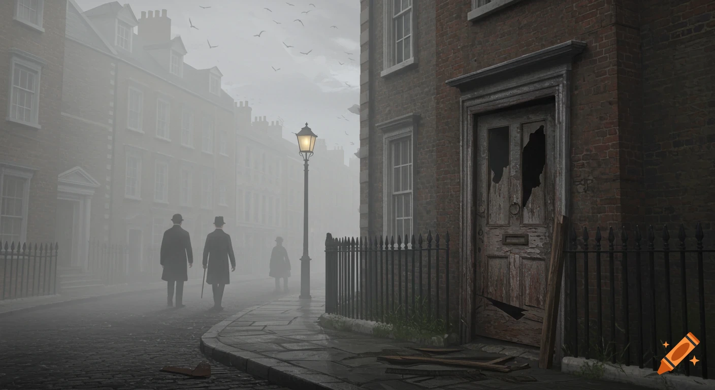 Two men in hats walk down a foggy, cobblestone Victorian London street with brick townhouses and a battered door.