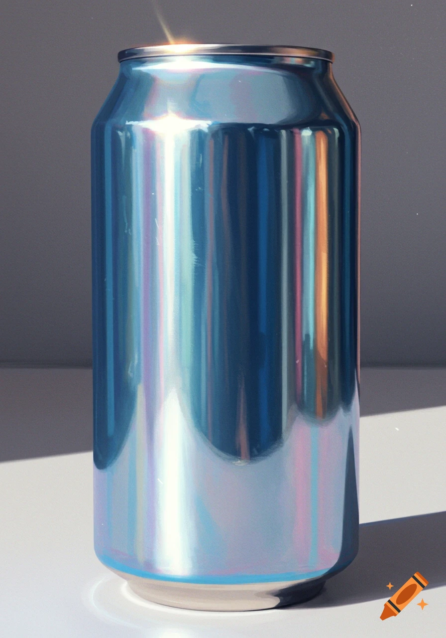 A close-up shot of an iridescent blue metallic can on a white surface, reflecting colorful light.