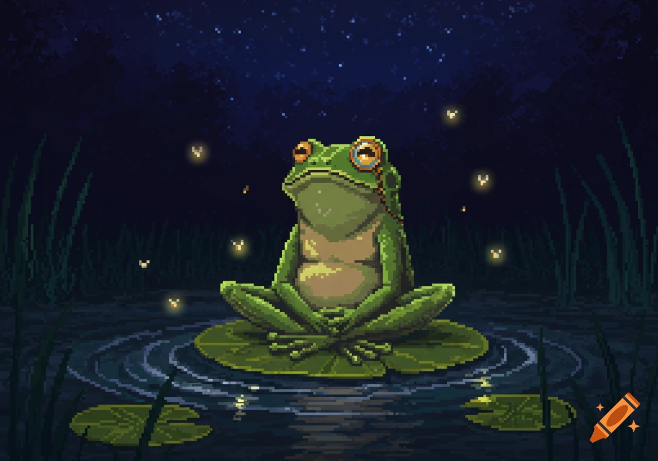 A pixel art frog with a monocle sits cross-legged on a lily pad at night, surrounded by fireflies.