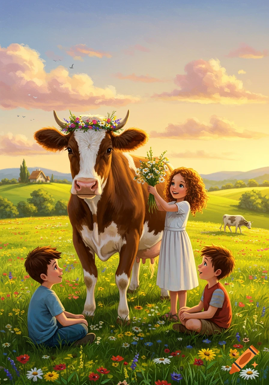 A girl, two boys, and a brown and white cow in a vibrant, flower-filled meadow at sunset. The cow wears a flower crown, and the girl holds a bouquet of white flowers. Illustrated style.