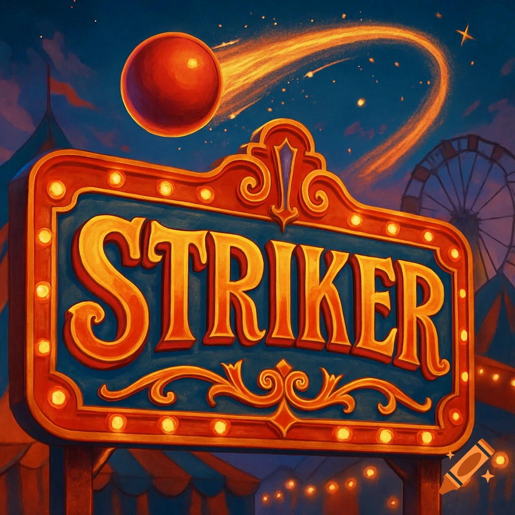 A vibrant, illustrative carnival sign for 'STRIKER' with a red ball arcing across a starry night sky, a Ferris wheel in the background.