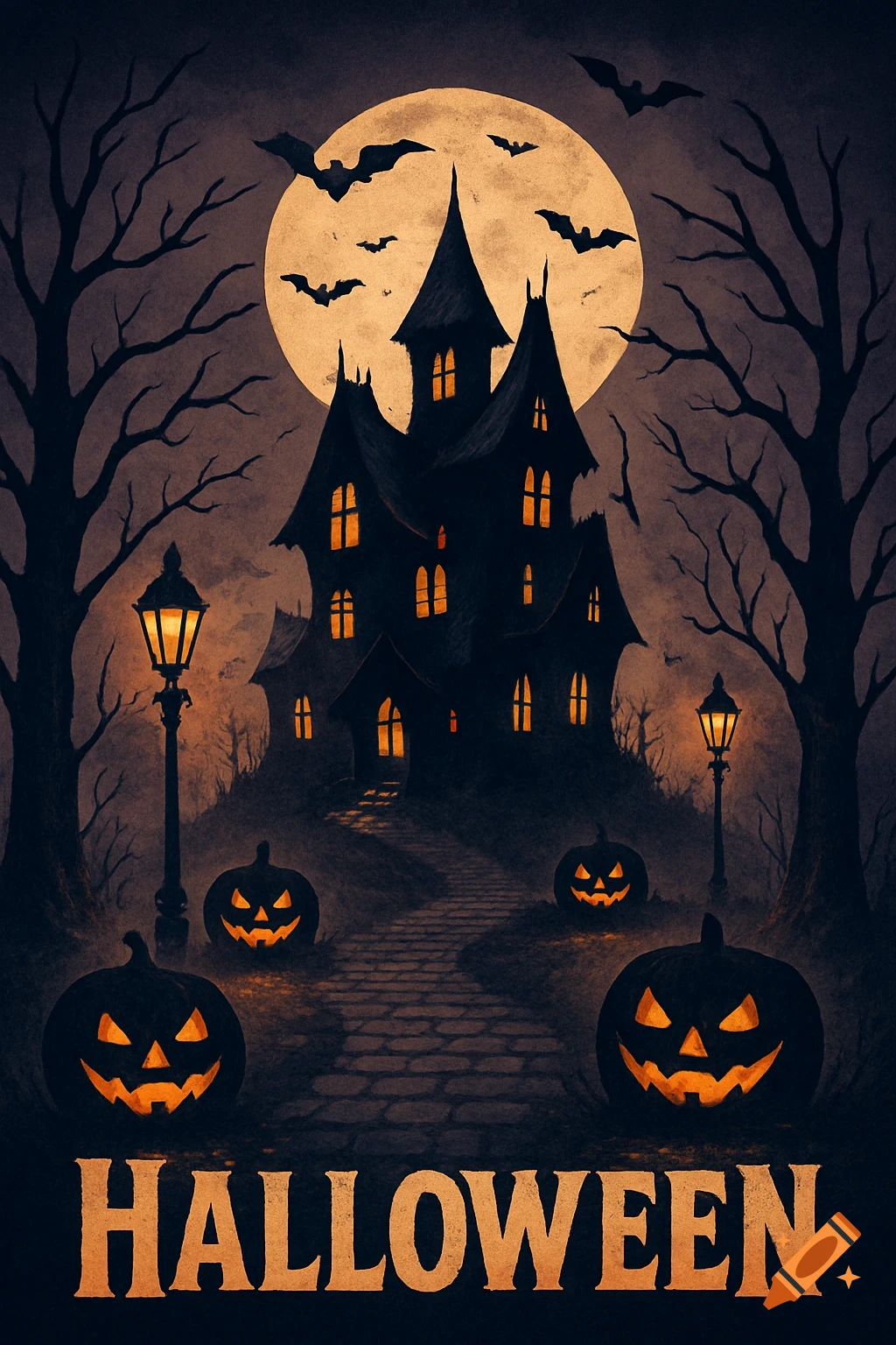 A spooky Halloween illustration of a haunted house under a full moon with bats, bare trees, jack-o'-lanterns, and the word HALLOWEEN.