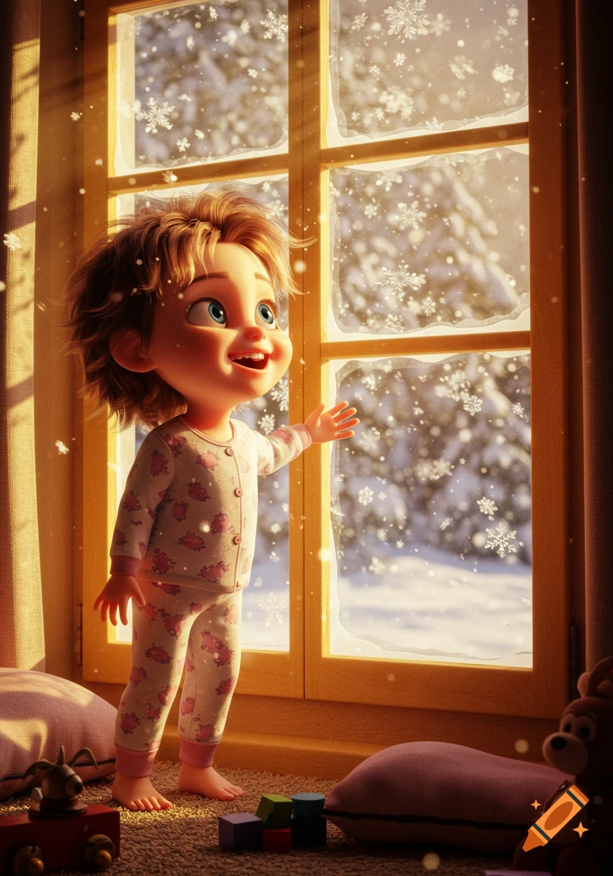 A happy 3D Disney-style little girl in pajamas stands by a morning window, admiring falling snow outside a cozy room.